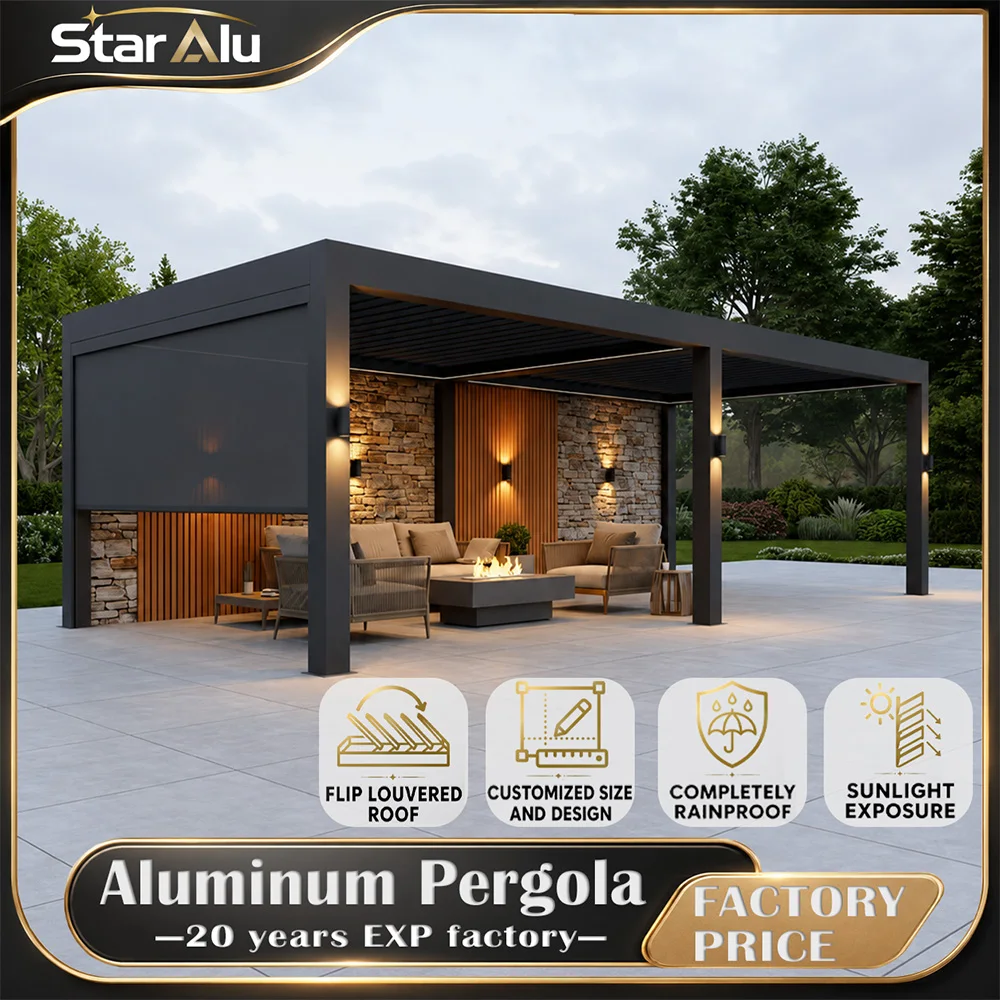 Luxury 6063 T5 Aluminum Bioclimatic Pergola Motorized Louvered Roof Gazebo LED Waterproof Outdoor Garden Swimming Pool Modern