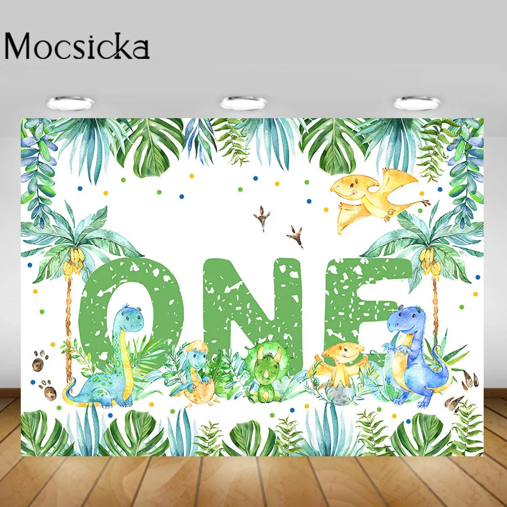 Mocsicka Little Dinosaur Baby 1st Birthday Party Backdrop Decoration Green Leaves Jungle Forest Photography Background Photocall