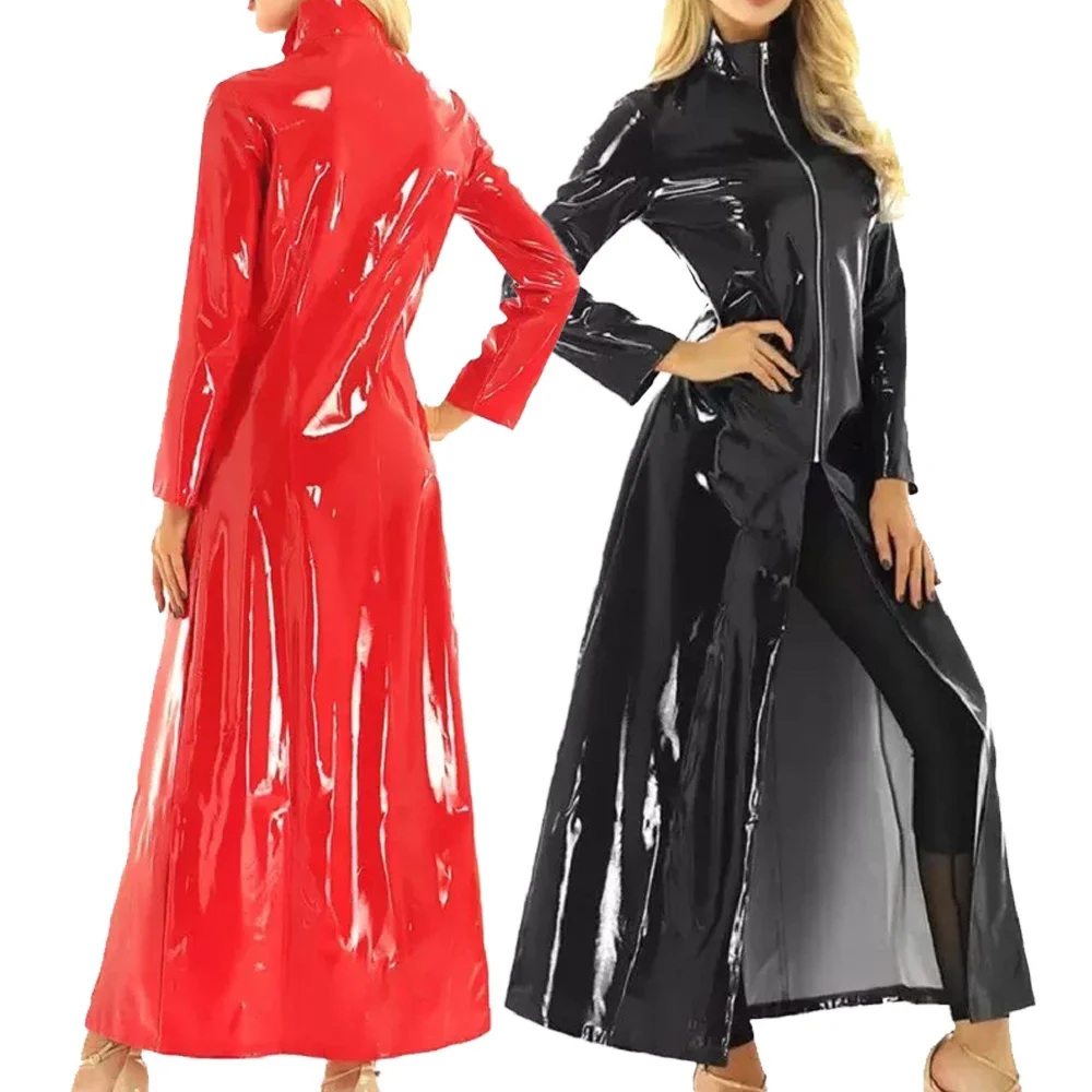 Women Sexy Latex Wetlook Leather Long Jacket Medieval Ranger Long Coat Women's Clothing Patent Leather Halloween Cosplay Costume