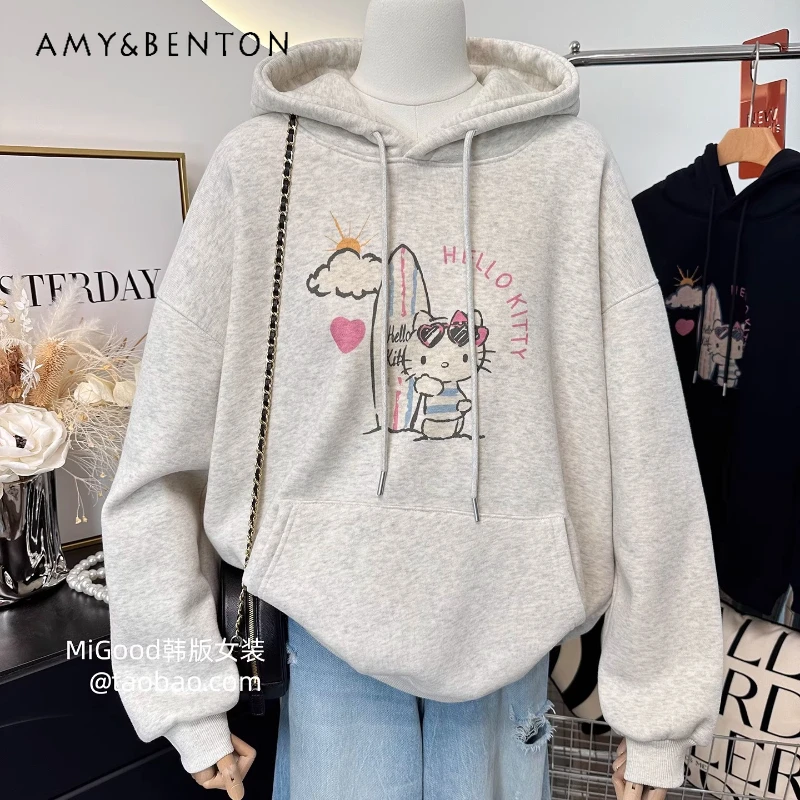 

Mid-Length Hoodie For Women's Fleece-Lined and Thickened Winter 2025 New Korean Style Fashion Cartoon Hooded Pullover Sweatshirt