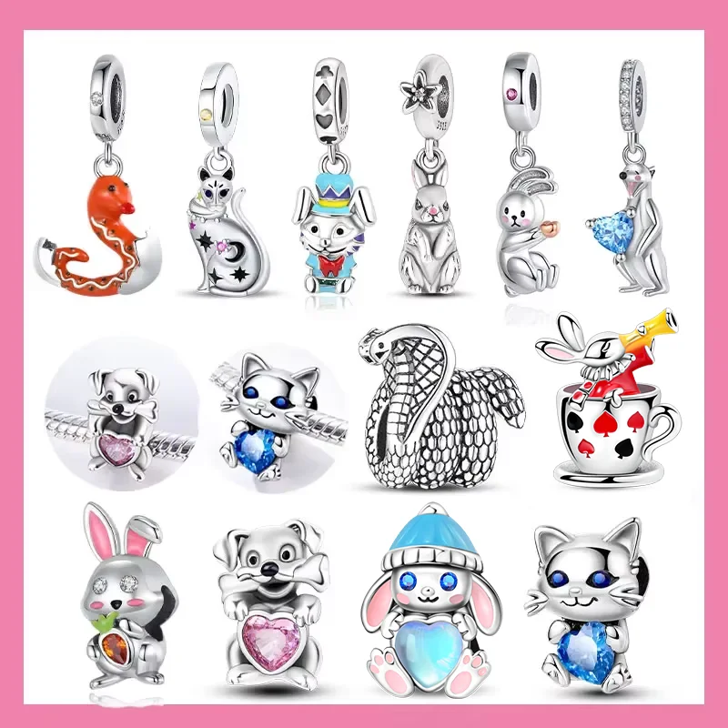 Cute Magic Hat Rabbit Holding Heart and Red Snake 925 Sterling Silver Charm Beads Fit Original Bracelet for DIY Making Jewelry