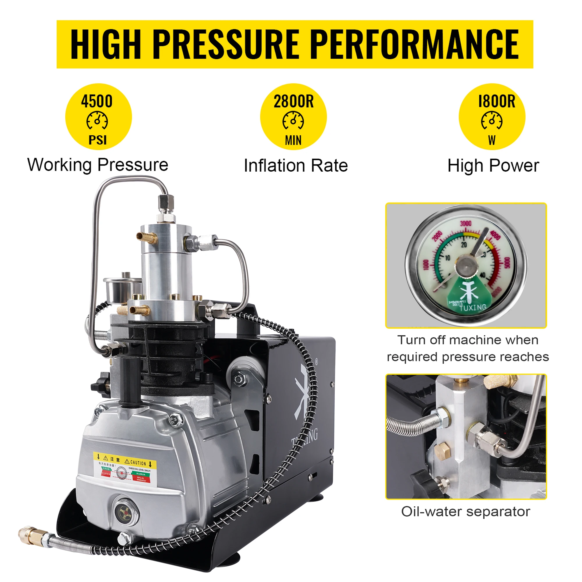 TUXING 4500Psi PCP Air Compressor Automatic Adjustable Shut-down 300Bar High Pressure Air Pump for PCP Rifle Inflator Scuba Tank