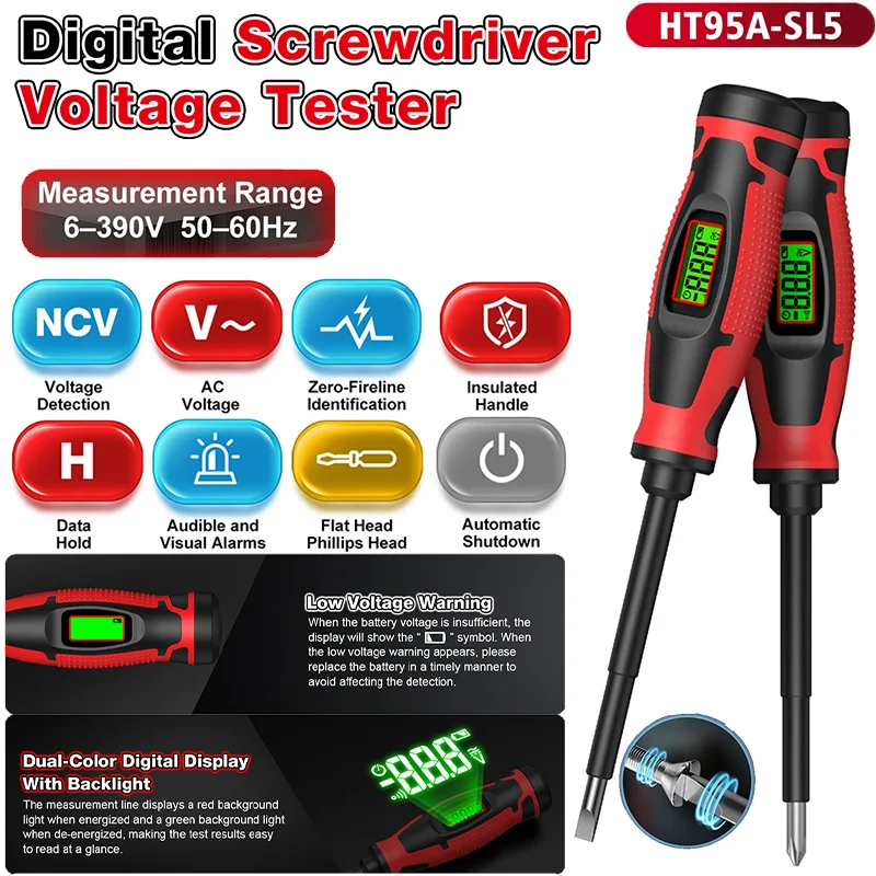 HT95A-SL5 Digital Screwdriver Voltage Tester 6-390V NCV Test Portable Electric Pen Insulated Handle Indicator Voltages Tester