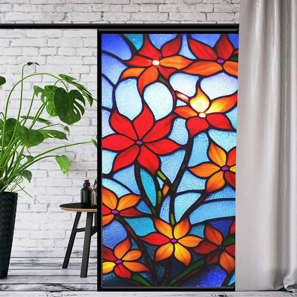 

Privacy Window Film UV Blocking Heat Control Window Coverings Static Cling Red Flower Pattern Glass Sticker for Decoration