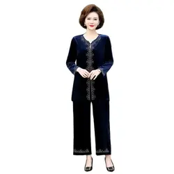 Middle-aged Women Pants Suit 2022 Autumn Large Size Long Sleeve Tops + Trousers 2PCS Female Fashion Elegant Pants Set 5XL