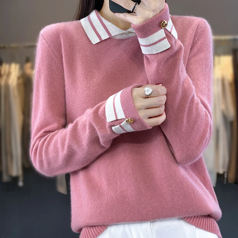 Cashmere Sweater Women\'s 100% Wool Sweater Autumn and Winter New Loose Polo Pullover High end Knitted Soft Color Matching Top