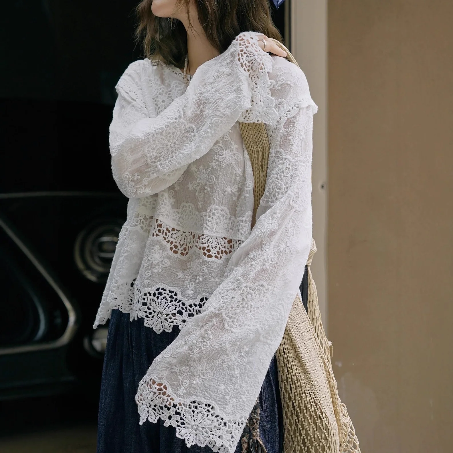 Temperament Lace Cotton Washed Lace Shirt 2026 Summer Three-dimensional Hollow Embroidered Soft Breathable Top Women