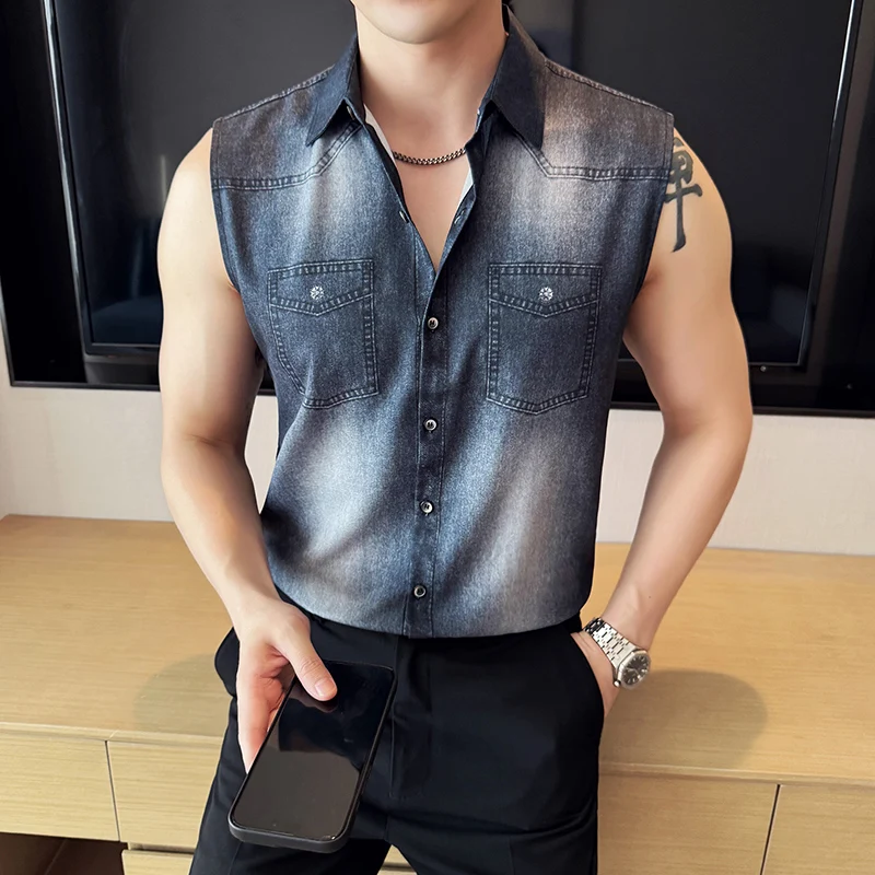 

Imitate Denim Fabric Shirts For Men Korean Fashion Turn Down Collar Sleeveless Men's Shirt Slim Fit Casual Blouses Man Plus Size