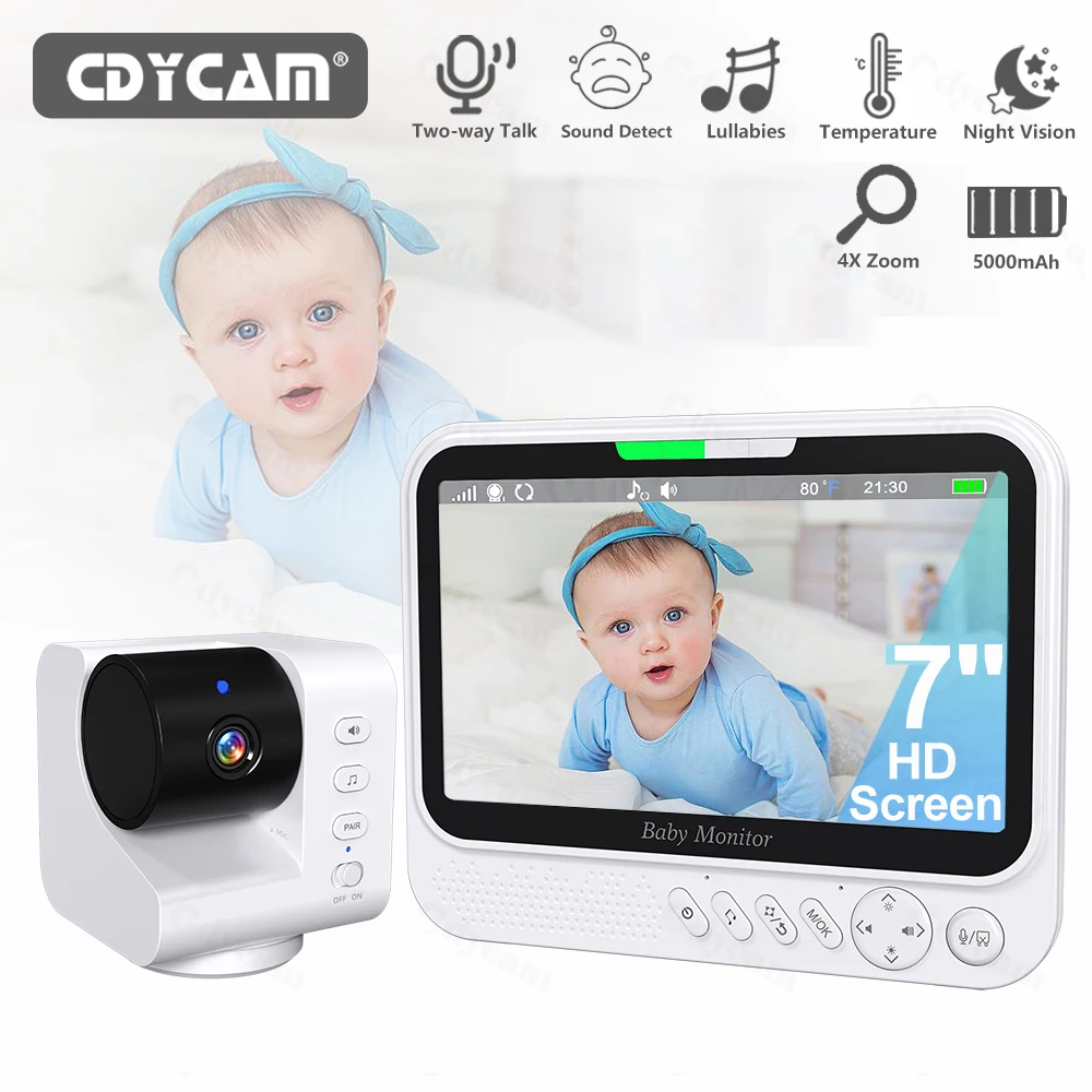 

7'' Video Baby Monitor With 4X Zoom Video Cam No WiFi Two Way Audio Night Vision 5000mAh Battery Protection Surveillance Nanny