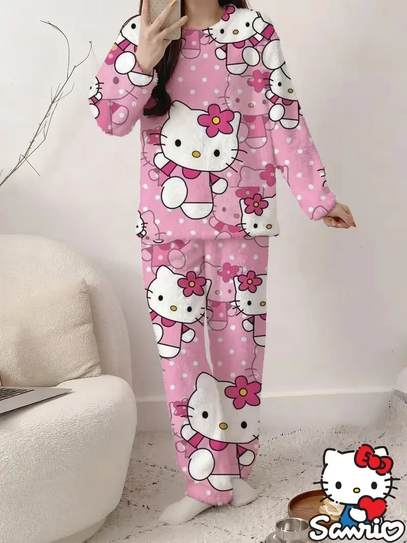 Hello Kitty Bow Strawberry Cartoon Print Coral Fleece Pajama Set Soft Loose Winter Unisex 2Pcs Loungewear FamilyMatching