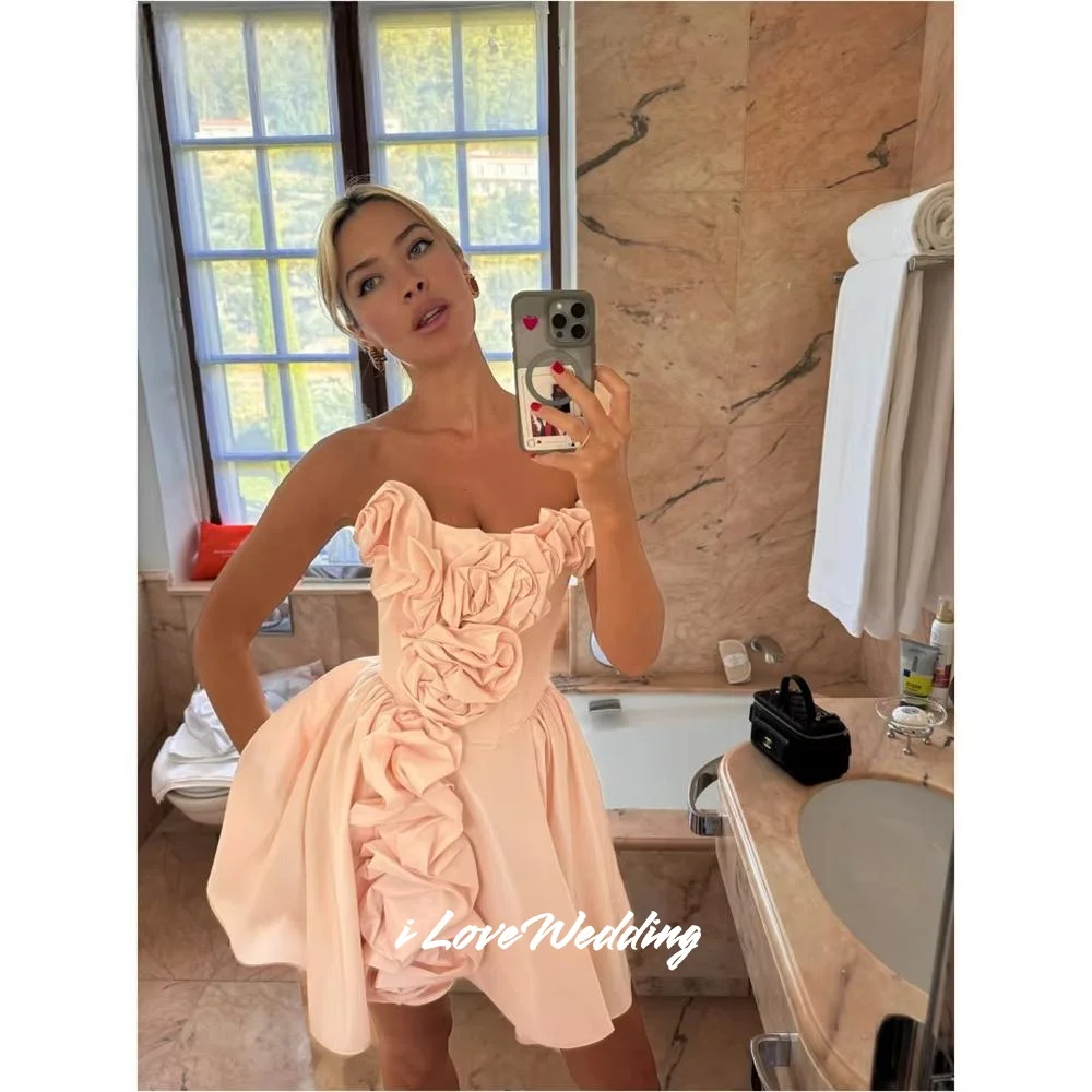 

Pink 3D Flower Strapless Mini Skirt Sleeveless Sweet Homecoming Dresses Backless Luxury Birthday Party Dresses Pleated Customize