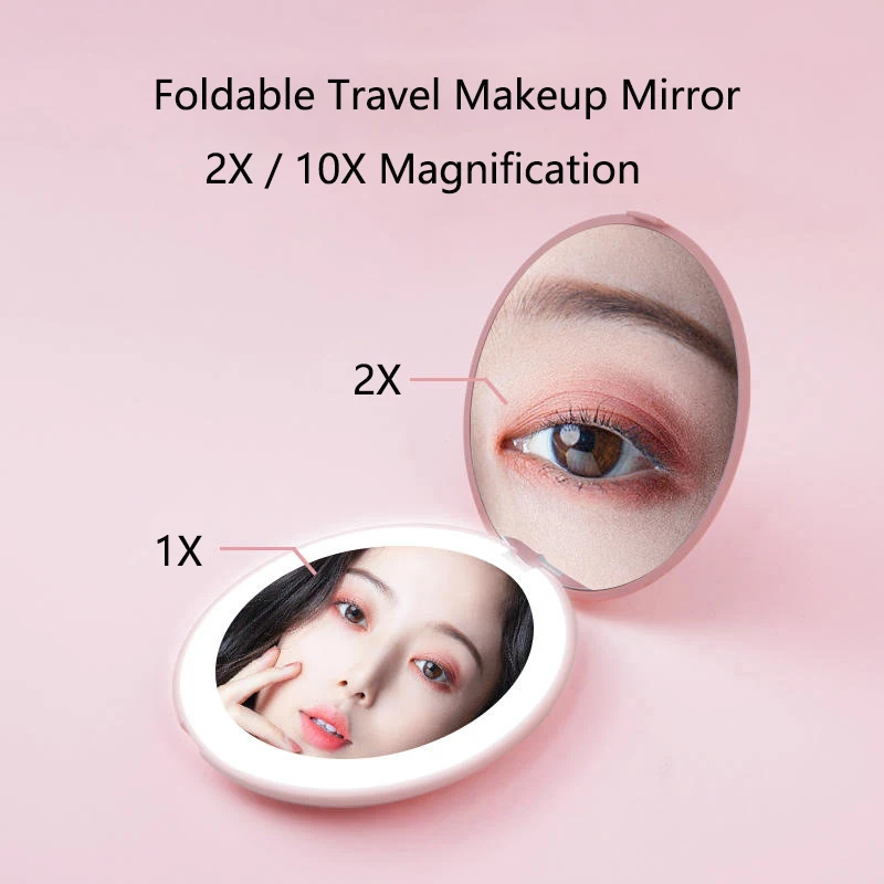 2-Face Mini Portable LED Light Makeup Mirror 2X/10X Magnifying HD Mirror Girl Travel Foldable HandHeld Pocket Mirror Four Colors