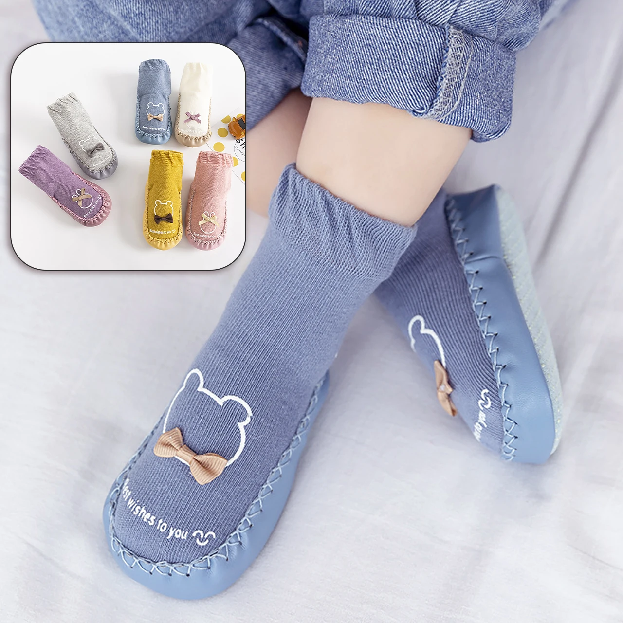 

Cute Bow Baby Girl Walking Socks Spring Autumn Mid Tube Anti Slip Soft Soled Shoes 0-2Year Kids Footwear Waterproof Newborn Boot