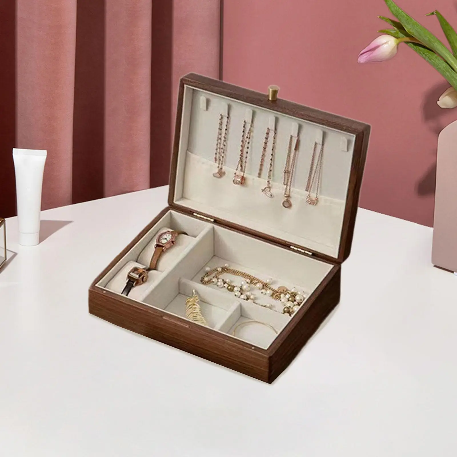 صندوق مجوهرات خشبي للنساء، ديكور عصري خفيف الوزن، نعش مجوهرات مقاوم للغبار للمعلقات والخواتم والأساور والسفر