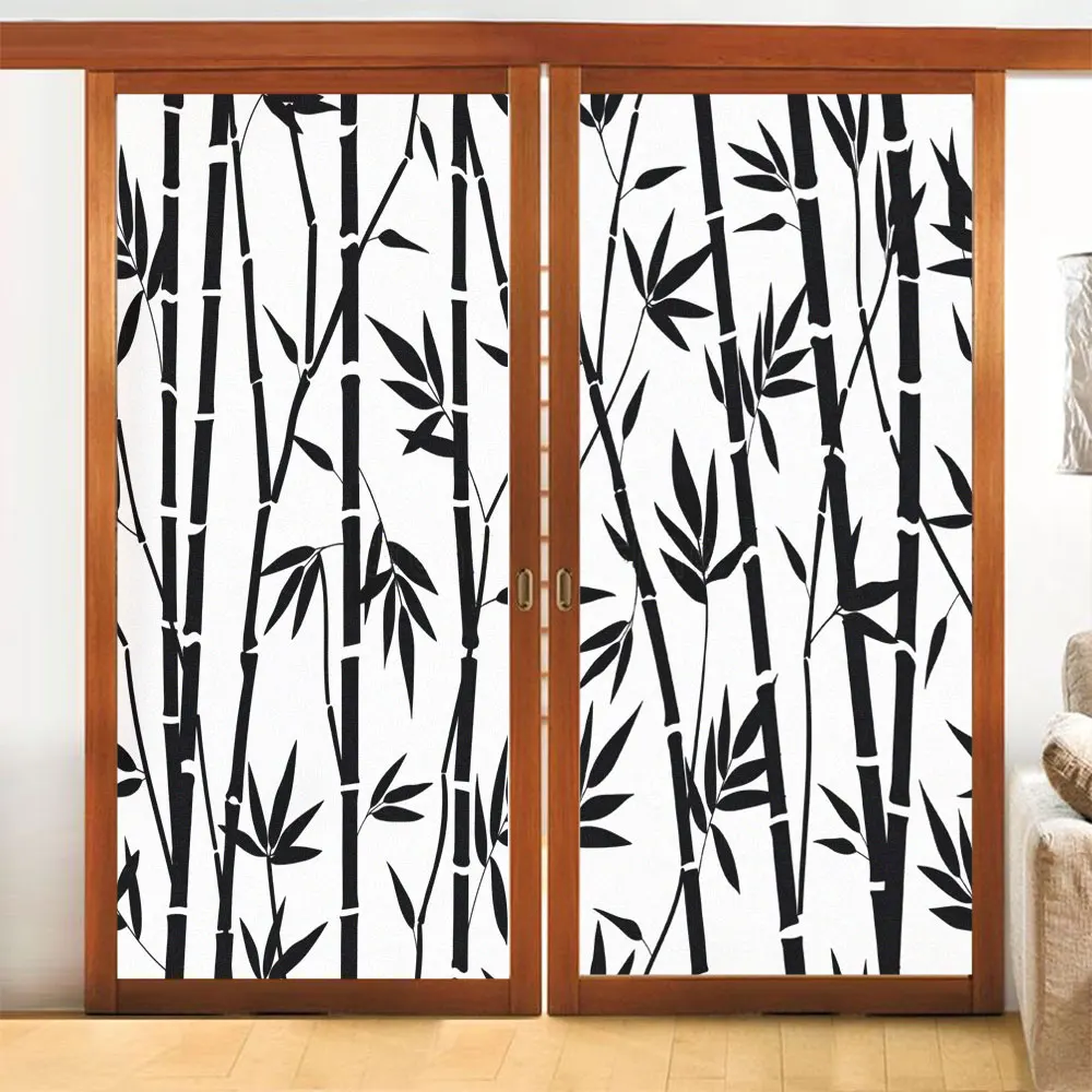 

Privacy Windows Decorative Film Bamboo in Ink Pattern Frosted Glass Window Stickers Non-glue Static Cling Door Film for Home