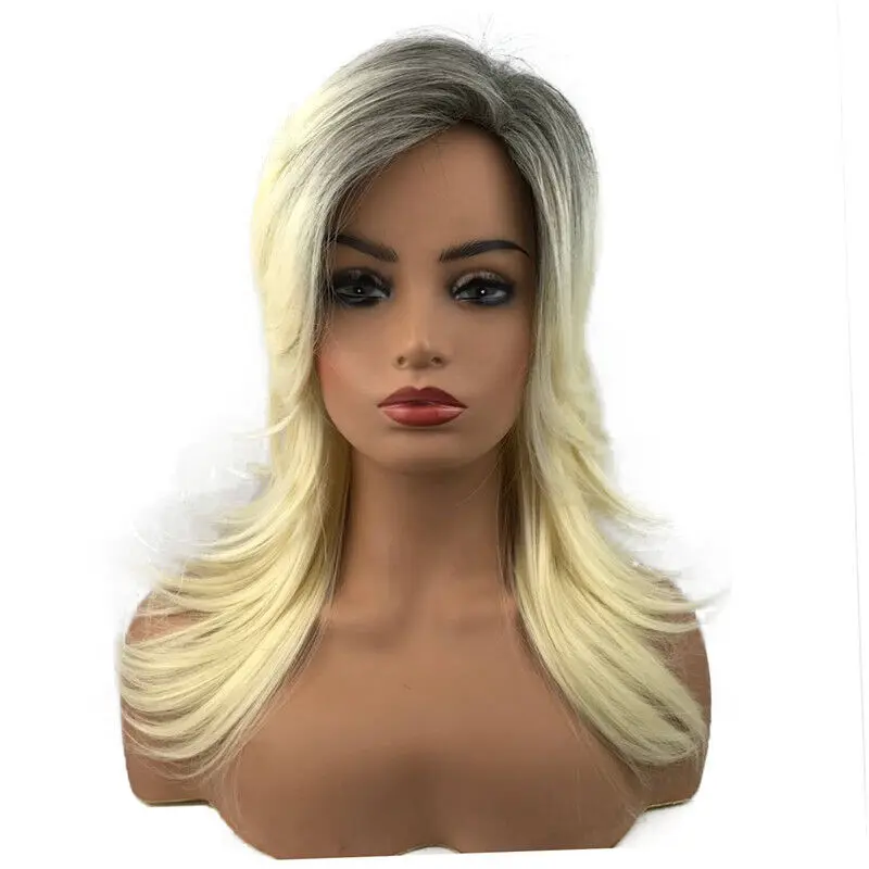 

Fashion Sexy Women's Medium Long Blonde Black Root Cosplay Wig