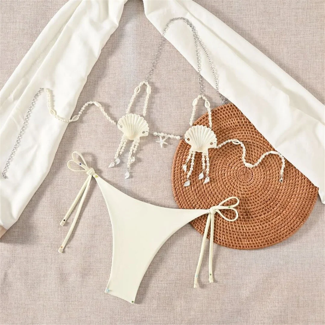 Sexy Bikini mit Perlen und Muschel-Design, Neckholder-Badeanzug für Damen, zweiteiliges Bikini-Set, Badebekleidung, Badeanzug, Schwimmanzug V8390 – Detail 5