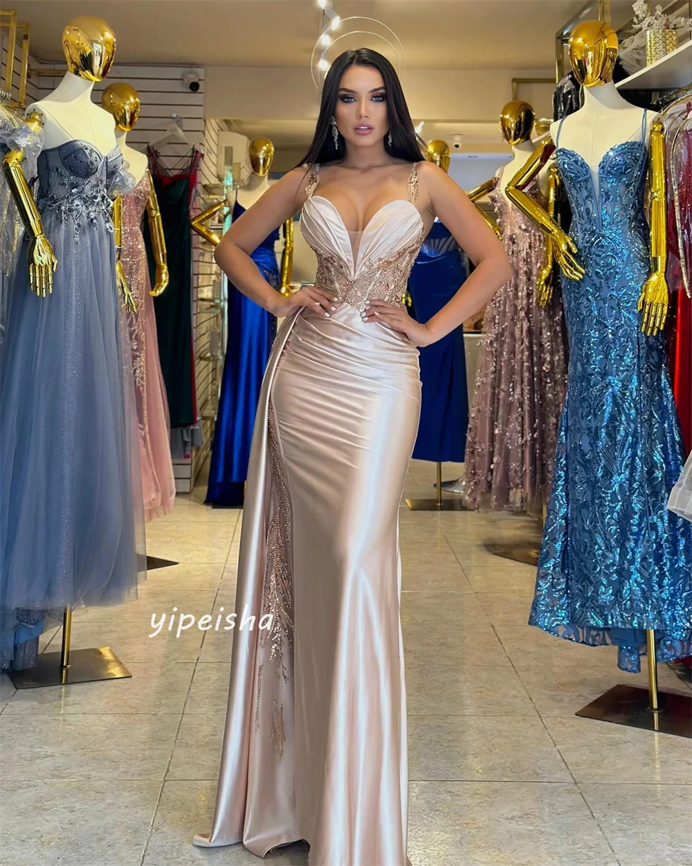 Bella Green V-neck Satin Wedding Dresses Spaghetti Strap Sleeveless Vestidos De Fiesta Mermaid Floor-length 2024 فساتين سهرة