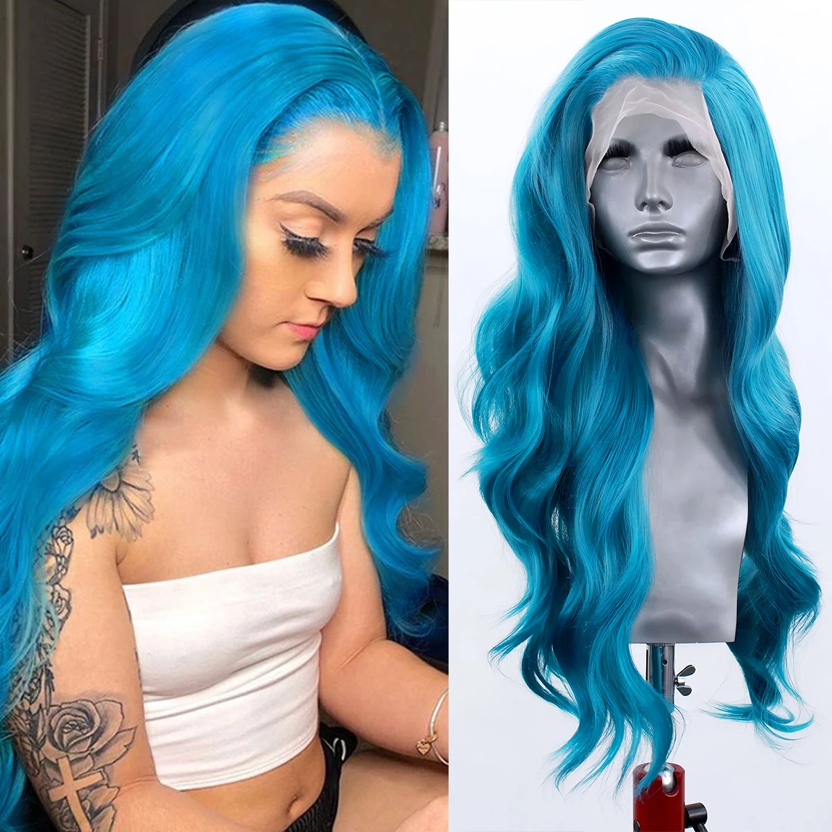 AIMEYA الأزرق شعر مستعار دانتيل 13x4 طويل الجسم موجة الباروكات جزء مجاني الاصطناعية الدانتيل الجبهة الباروكات للنساء شعري طبيعي ارتداء اليومي زي #1