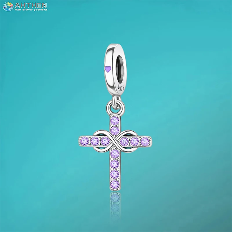 

Ahthen 925 Sterling Silver Hot Sale Beads Purple Cross Dangle Charm fit Snake Chain Bracelets Necklaces for Women Jewelry Making