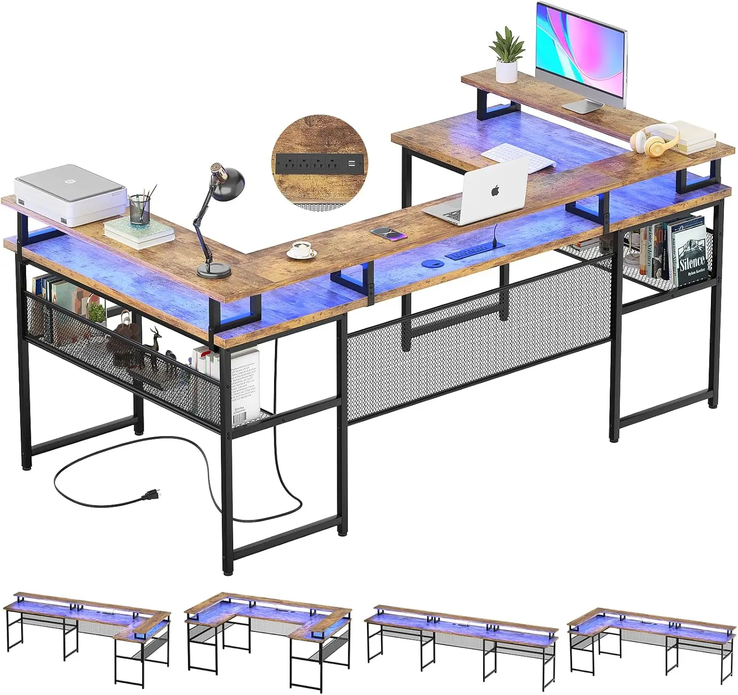 

U Shaped Computer Desks, Reversible Office Desk with LED Strip and Power Outlets, L Shaped Table with Full Monitor Stand