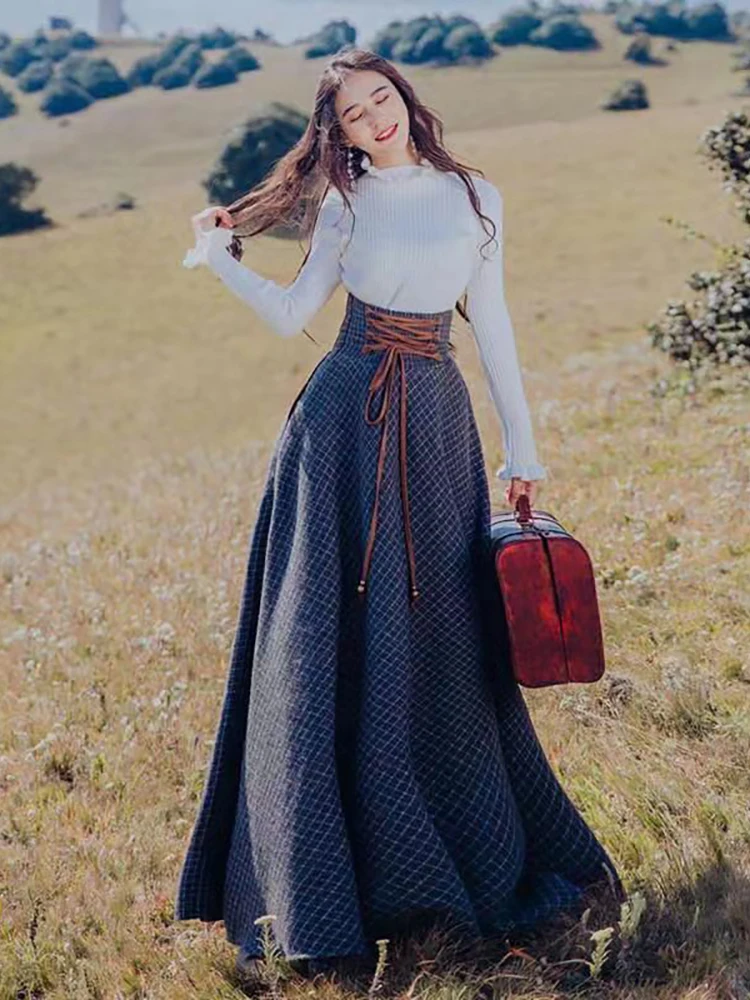 Moda Vintage High Waisted Button Design Back Lace-Up Corset Skirt Women Autumn Faldas Thick A-Line Long Maxi Wool Skirts Jupe — zdjęcie 2