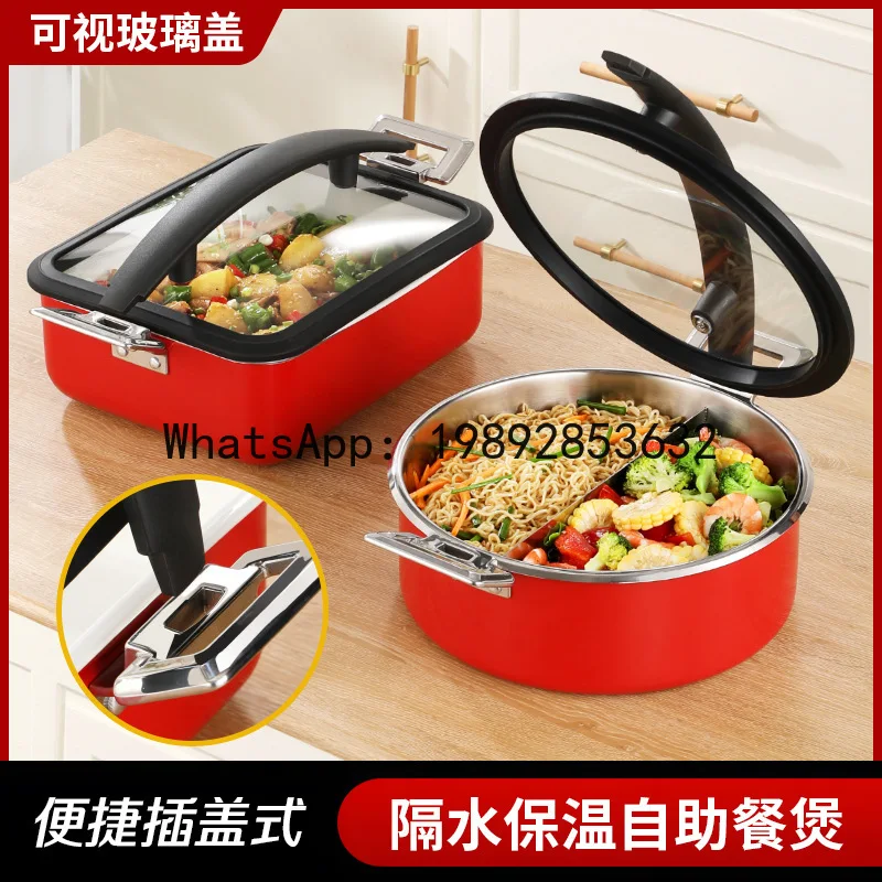 Lyy buffet warming pan - red stainless steel round breakfast buffet warmer - colorful insulated pot