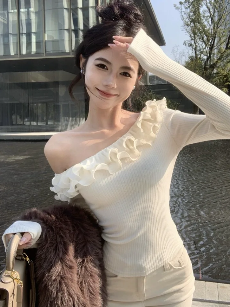 

Spring Autumn Knitted Slim Fit Short Sleeveless Top Shoulder Design Long Sleeve Base Shirt Stylish Casual Korean Style Women'...