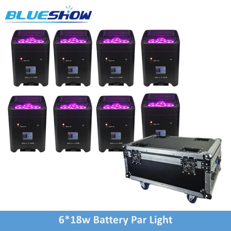 8pcs LED Battery Powered Par Light 6x18W RGBWAUV 6IN1 with Flightcase Remote Control Portable Par LED Stage Effect