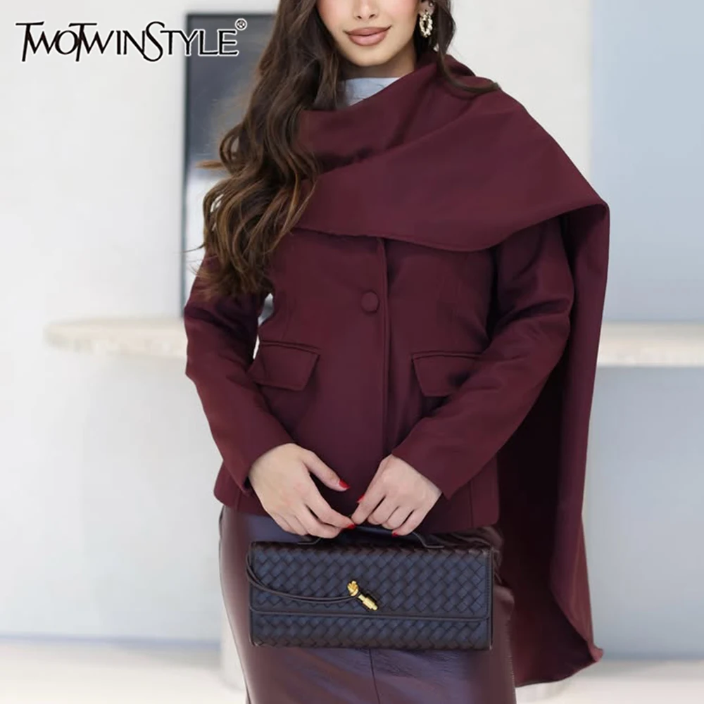 

TWOTWINSTYLE Solid Spliced Pockets Jackets For Women Scarf Collar Long Sleeve Temperament Designer Coats Female Fashion Style