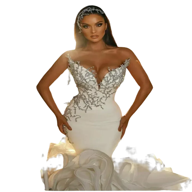 Customized Sweetheart Beaded Mermaid Wedding DressVestidos De Novia Cathedral Train Tiered Ruffles Plus Size Bridal Gowns