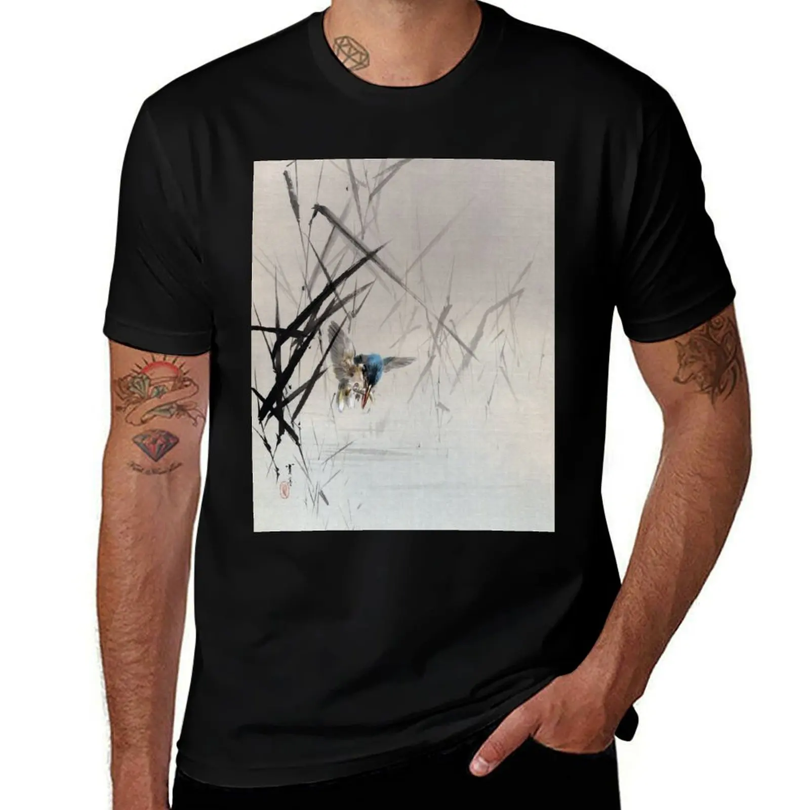 Watanabe Seitei Bird Catching Fish Among Reeds T-Shirt Quick Dry Sports Short Sleeve Tee T-Shirt