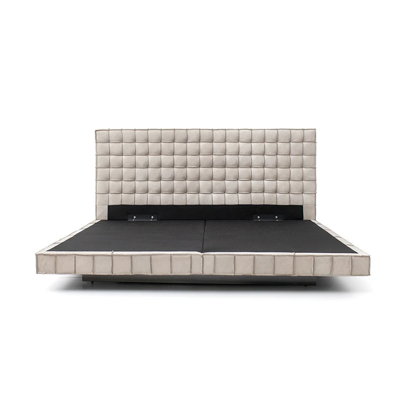 #Minimalist 5-Row Grid Tufted Soft Bed Full Wrapped Light Beige Nubuck Leather Pine Wood Frame Low Bed