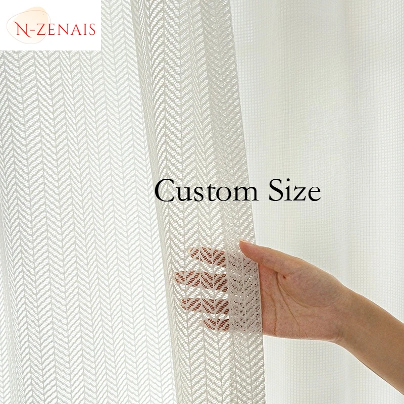 Custom Size White Tulle Light-transmitting and Opaque Partition Gauze with Sandy White Fishbone  Luxury Decor Fashion Elegant