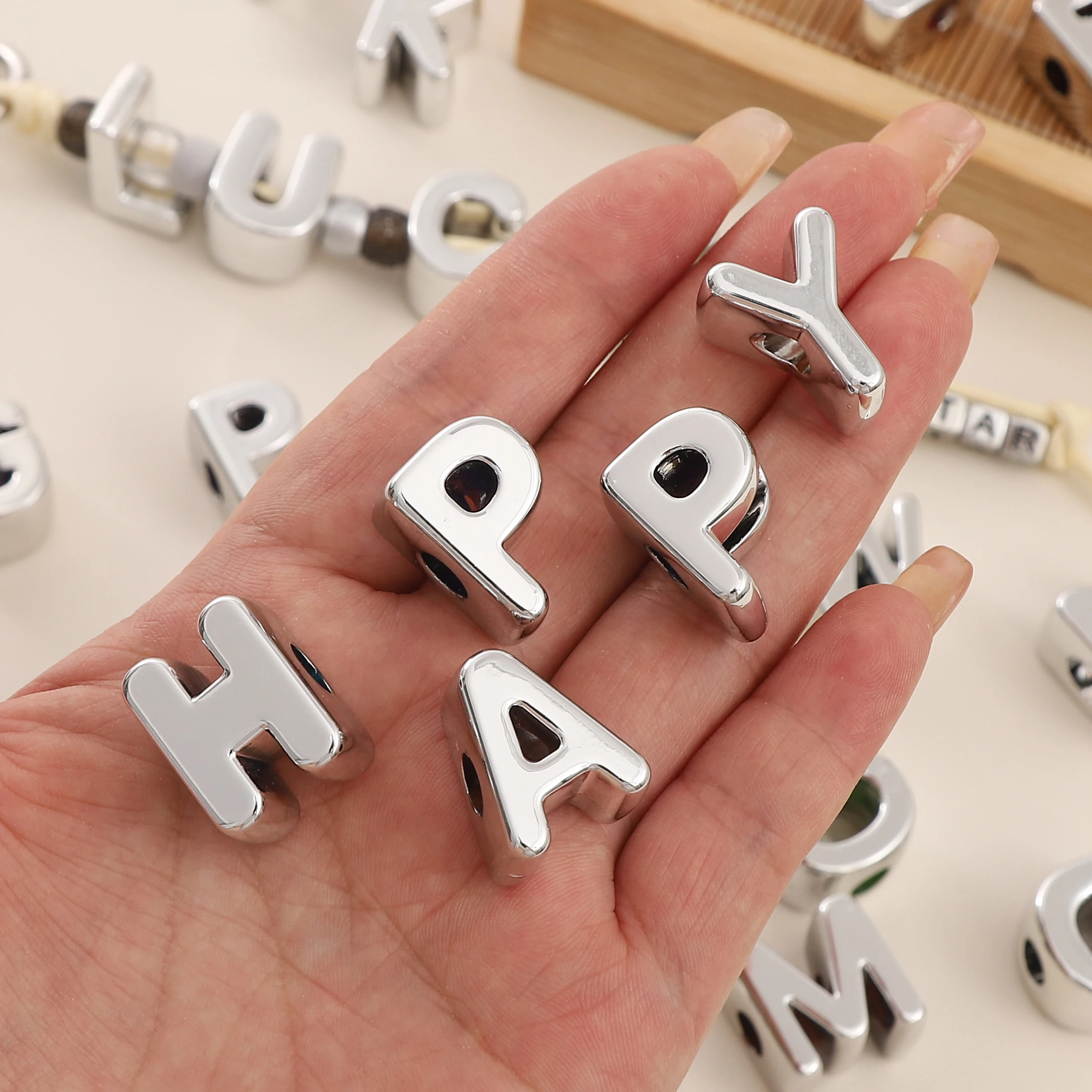

1pc Silver Color Plated Big Hole Letter Beads Acrylic Loose Spacer Beads For DIY Phone Chain Bracelet Jewelry Making Accessories