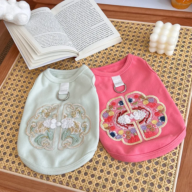 Spring and summer new pet Chinese  dog cat clothes Teddy bear new Chinese style buckle embroidery drawable vest view 3