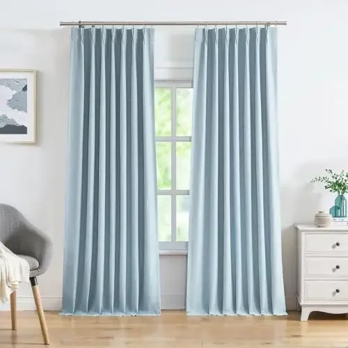 Pinch Pleat Full Blackout Curtain Panel Linen Texture Thermal Insulated Drapery with Full Blackout Liner for Farmhouse