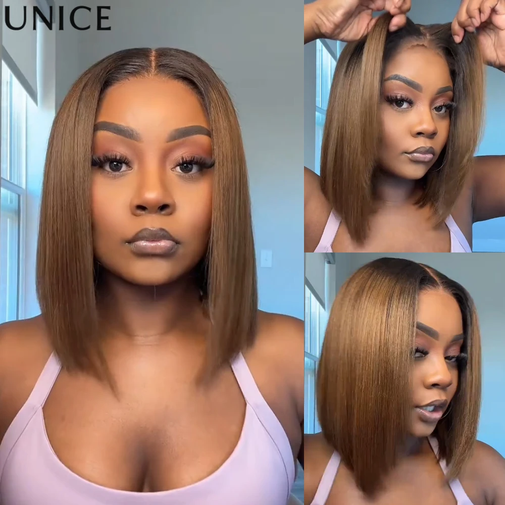 

UNice No Slip Cap 7x5 Lace Chestnut Brown Ombre Yaki Straight Bob Wig With Drawstring 100% Human Hair Glueless Wigs 150% Density