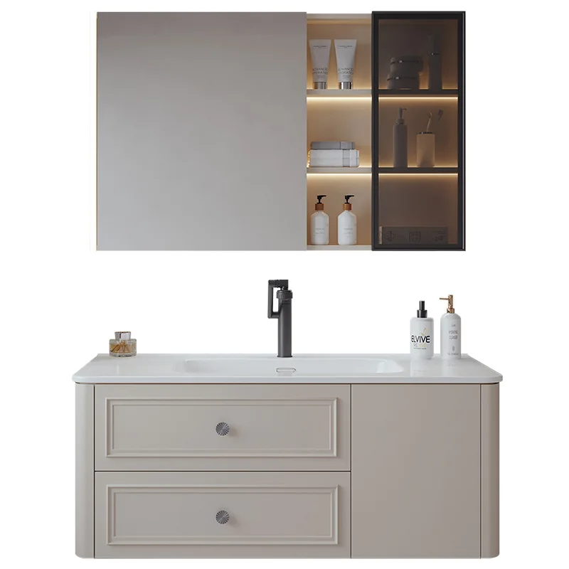 

Дверная панель из резинового дерева. Стойка для мытья. Шкаф для ванной комнаты. Керамическая встроенная раковина.