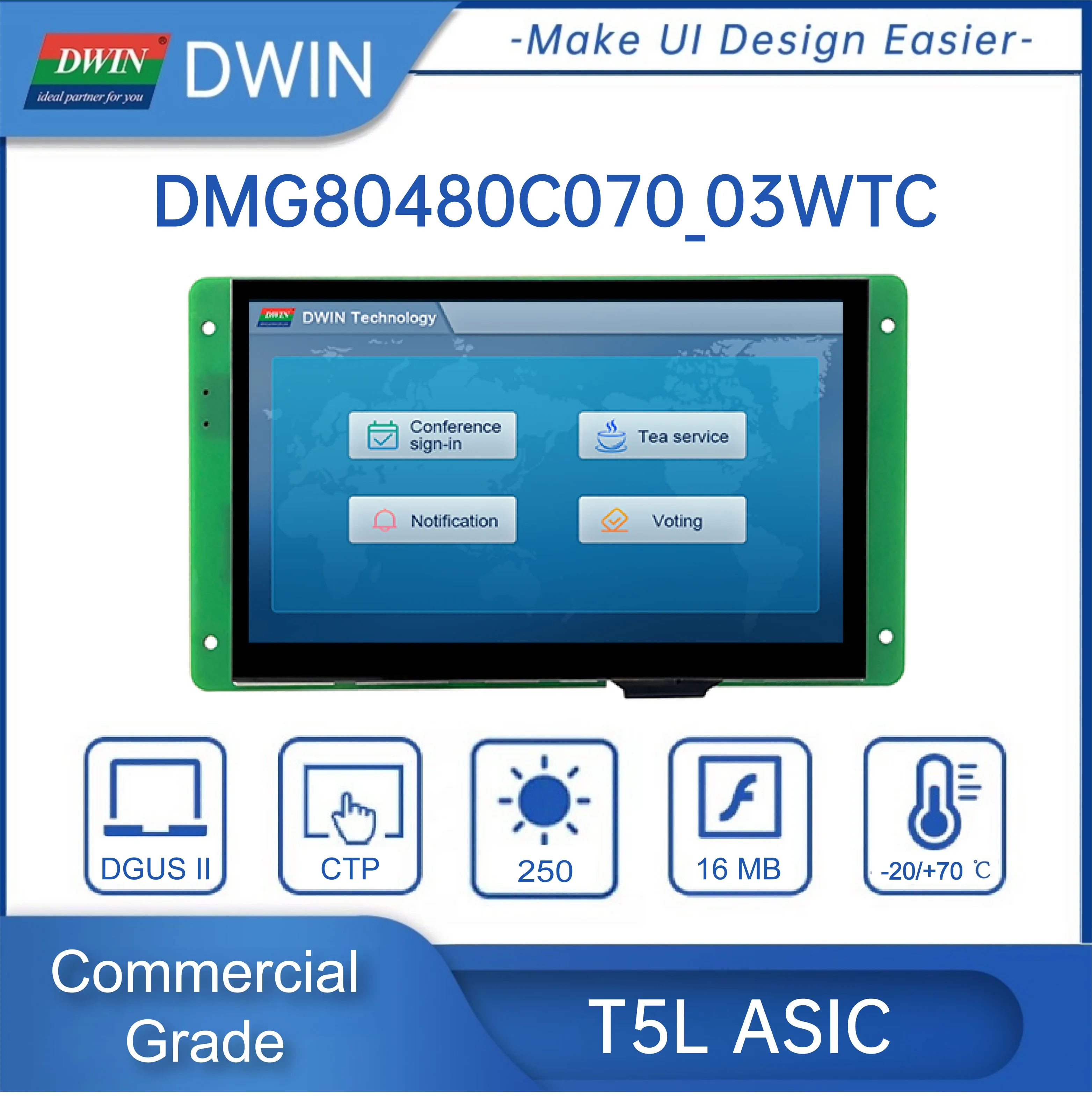 DWIN 7-calowy 800*480 HMI Inteligentny moduł wyświetlacza TN TFT LCD UART Komercyjny Ekran Dotykowy Pojemnościowy DMG80480C070_03W