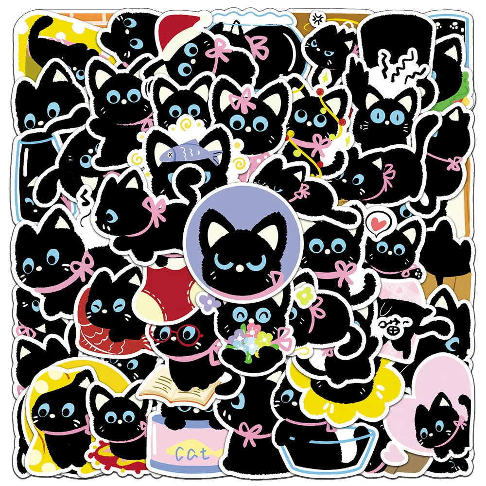 10/30/50pcs Kawaii Pink Bow Black Cat Stickers Cute Cartoon Animal Decals Stationery Luggage Phone Graffiti Sticker Decoration