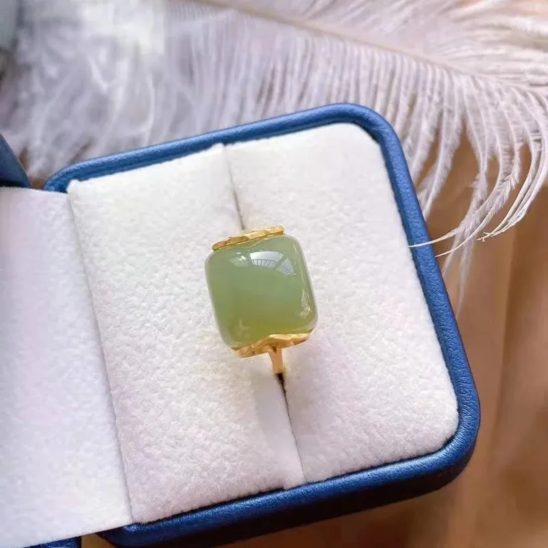 Vintage Accessories for Women Gold Plated Imitation Green Stone Rings for Women Adjustable Ring Nephrite Wedding Jewelry Gift