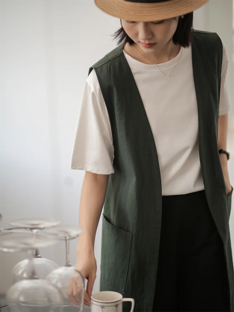 

Women's Cotton Linen Svel Vest V-Ne Mid-Length Outerwear Layering Jaet Commute Sle Pure Color ket Design