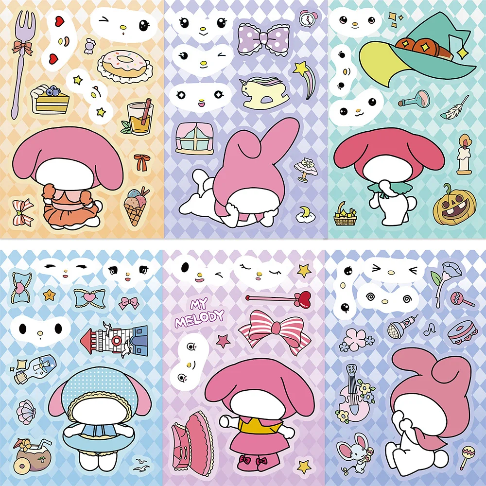 

8/16sheets Sanrio Anime My Melody Puzzle Stickers Make a Face Children DIY Assemble Jigsaw Decals Cute Cartoon Kids Sticker Toys