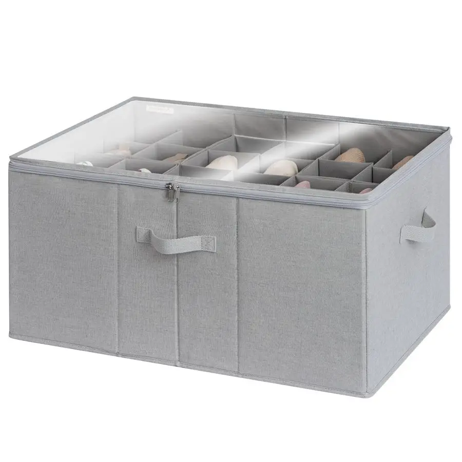

Shoe Organizer for Closet, Fits up to 24 Pairs, Shoe Cubby Storage Containers with Adjustable Dividers and Clear Cover, Grey