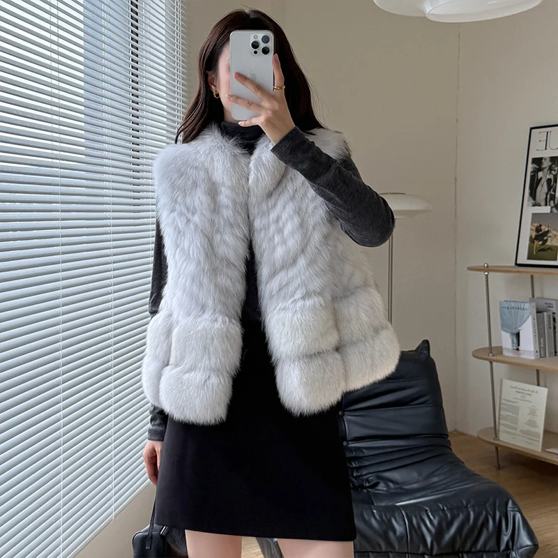 New Winter Warm Women's Coat Natural Real Fox Fur Vest Thick Fur Strip Sewed Toghter Waistcoat Luxury Female Jacket Streetwear