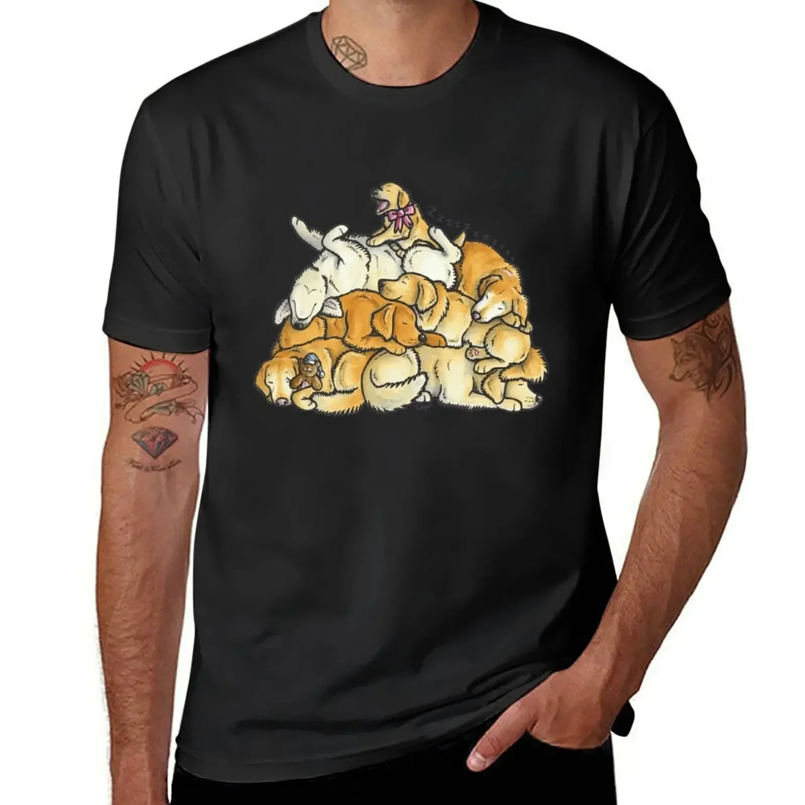 Sleeping pile of Golden Retriever dogs T-Shirt summer clothes plus sizes mens plain t shirts