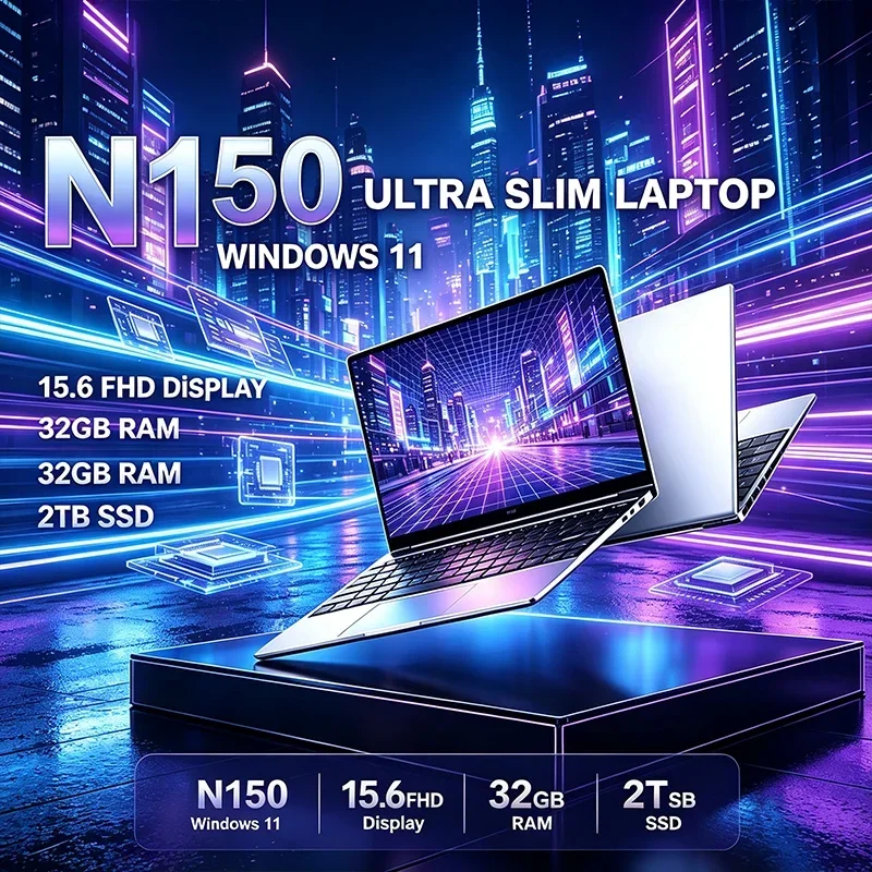 120Hz FHD IPS Screen 15.6 Inch Laptop Intel N150 32GB Large RAM 2TB Fast SSD Backlit Keyboard Long Durable Battery