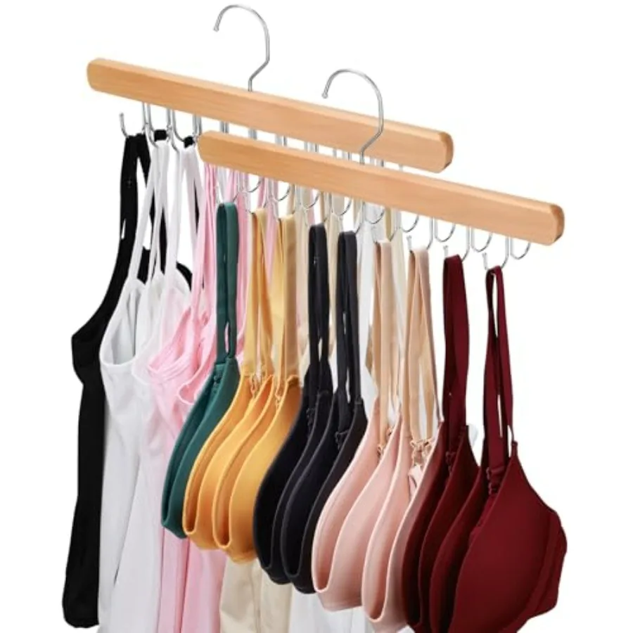 

2 Pack Bra Hanger for Closet Organizer, Premium Wooden Tank Top Hangers with 36 Foldable Hooks, 360° Rotating Design, Space Sav