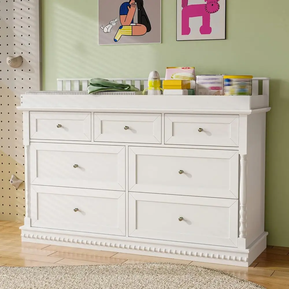 

White Baby Changing Table with Diaper Tray, 7 Drawers, for Nursery, Living Room, 19.3x56.5x40